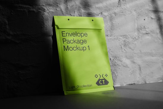 Bright green envelope mockup against a textured brick wall, showcasing packaging design presentation, standing on a dark surface.